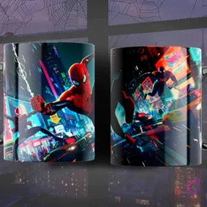Taza de sublimación con diseños dinámicos de Spider-Man Miles Morales y otro héroe arácnido saltando entre rascacielos con luces de neón urbanas.