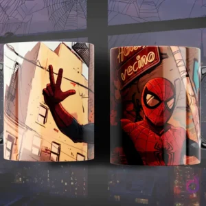 Taza con diseño de Spider-Man haciendo un signo de paz en un tejado y saludando con 'Hola vecino' en estilo cómic, tonos cálidos urbanos.