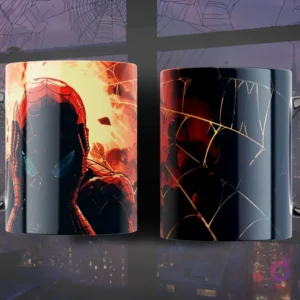 Taza de sublimación con diseño de Spider-Man Miles Morales silueteado contra una explosión de energía y un patrón de telaraña resquebrajada en tonos naranjas.