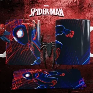 Mockup de taza sublimada con diseño de Miles Morales en pose de combate, estilo cyberpunk con luces de neón.