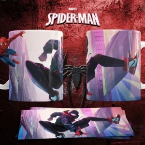 Mockup de taza sublimada con diseño dinámico de Miles Morales saltando en una ciudad futurista, colores neón.