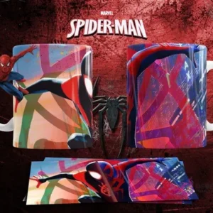 Mockup de taza sublimada con diseño artístico de Miles Morales, colores pop y estilo grafitero urbano.