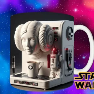 Plantilla de taza con Princesa Leia (con sus famosos moños) diseñada como una elegante máquina de café espresso, con el logo de Star Wars.