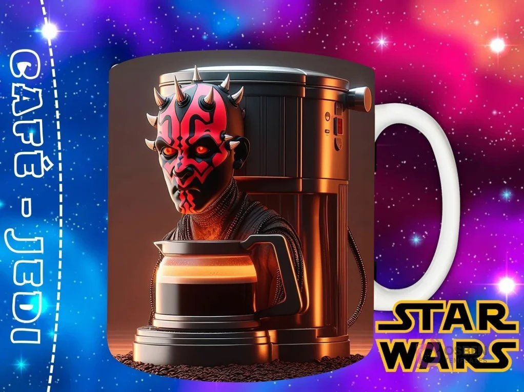 Diseño para taza de sublimación con Darth Maul transformado en una cafetera de goteo, con sus icónicos cuernos y marcas rojas, sirviendo café. Diseño para taza de sublimación con Darth Maul transformado en una cafetera de goteo, con sus icónicos cuernos y marcas rojas, sirviendo café.