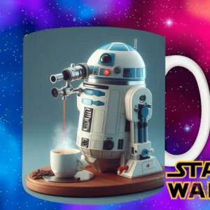 Diseño de R2-D2 como una máquina de café espresso futurista, con un brazo dispensador y una taza humeante, sobre un fondo de estrellas.