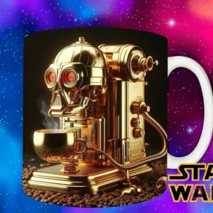 Plantilla de taza con C-3PO dorado como una máquina de café espresso ornamentada, con granos de café y un fondo espacial.