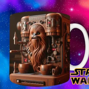 Diseño de Chewbacca como una máquina de café robusta y peluda, con tazas de madera y un aire rústico galáctico.