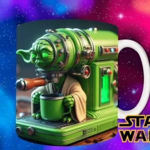 Plantilla con el Maestro Yoda en color verde brillante como una máquina de café espresso avanzada, con iluminación Jedi y sirviendo café.