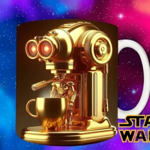 Diseño de un C-3PO dorado estilizado como una máquina de café espresso compacta y brillante, preparando una bebida estelar.