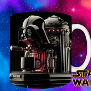 Plantilla de Darth Vader en un diseño de máquina de café espresso elegante y oscura, con detalles en rojo brillante y una taza negra.