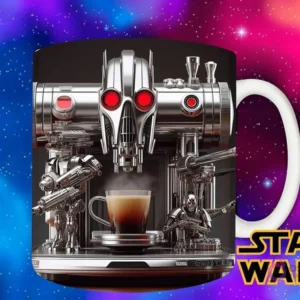 Diseño de un droide de batalla plateado, con aspecto de cafetera futurista y elementos bélicos, sirviendo café en una taza.
