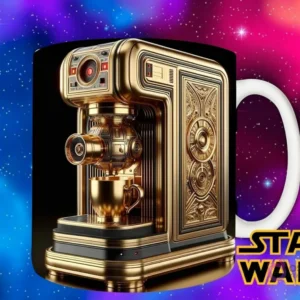 Plantilla con una máquina de café dorada con patrones intrincados y un diseño que evoca la estética imperial de Star Wars.