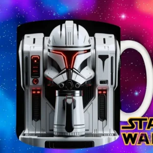 Diseño de un casco de clon trooper transformado en una máquina de café moderna y blanca, con luces rojas y un aspecto imponente.