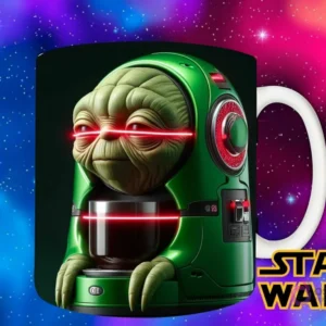 Plantilla del Maestro Yoda como máquina de café, con sus ojos rojos y un haz de luz láser preparando la bebida.