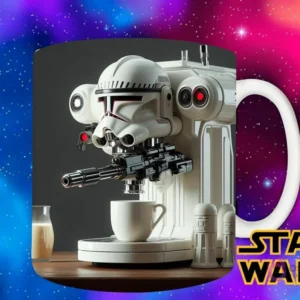 Diseño de un Stormtrooper blanco como una máquina de café espresso, con su casco y accesorios, sirviendo en una taza.