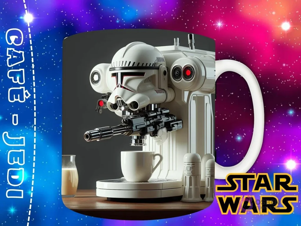 Diseño de un Stormtrooper blanco como una máquina de café espresso, con su casco y accesorios, sirviendo en una taza. Diseño de un Stormtrooper blanco como una máquina de café espresso, con su casco y accesorios, sirviendo en una taza.