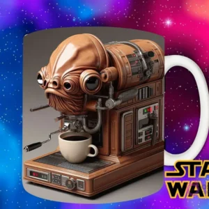 Plantilla con el Almirante Ackbar como una máquina de café exótica y detallada, con su característica cabeza y sirviendo café.