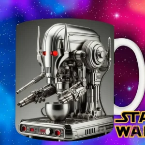 Diseño de un droide de combate plateado, robusto y con un diseño industrial, funcionando como una máquina de café.