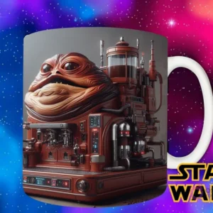 Plantilla con Jabba el Hutt como una enorme y detallada máquina de café, con su aspecto característico y elementos de su palacio.