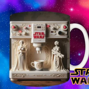 Diseño de una máquina de café elegante con esculturas clásicas de Star Wars a los lados, como estatuas de diosas, en tonos blancos.