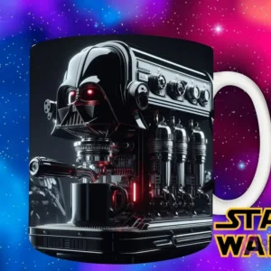 Plantilla de Darth Vader como una máquina de café futurista, con múltiples brazos y luces rojas, preparando café en una taza oscura.