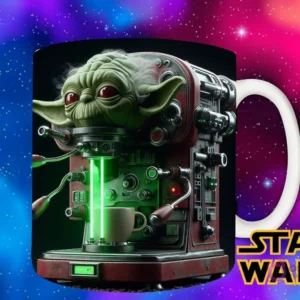 Diseño del Maestro Yoda en tonos rojo y verde, como una máquina de café de alta tecnología, con luces y mecanismos complejos.