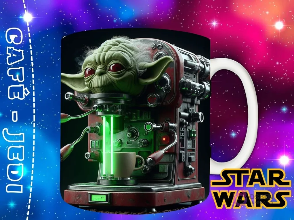 Diseño del Maestro Yoda en tonos rojo y verde, como una máquina de café de alta tecnología, con luces y mecanismos complejos. Diseño del Maestro Yoda en tonos rojo y verde, como una máquina de café de alta tecnología, con luces y mecanismos complejos.