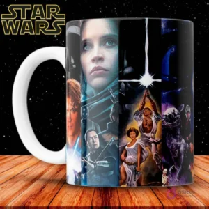 Taza de sublimación con collage de personajes de la trilogía original de Star Wars, con Luke, Leia, Han Solo, Yoda y Darth Vader.