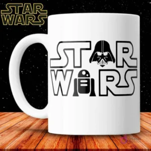 Taza de sublimación blanca con el logo negro de Star Wars, que incorpora la cabeza de Darth Vader y R2-D2.