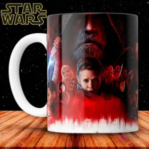 Taza de sublimación con póster artístico de Star Wars: Los Últimos Jedi, con Luke, Leia, Rey y Kylo Ren.