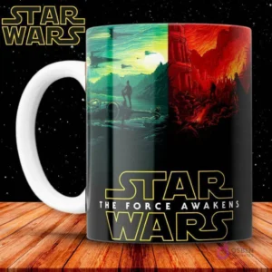 Taza de sublimación negra con póster de Star Wars: El Despertar de la Fuerza y el logo de la película.