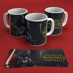 Mugs de sublimación negros con diseño de Darth Vader y logo Star Wars sobre fondo rojo, efecto oscuro y dramático.