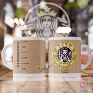 Taza blanca sublimada con diseño estilo Starbucks con fondo de papel kraft. Un lado muestra opciones de bebida. El otro lado tiene un logo dorado de Starbucks con Bella de La Bella y la Bestia leyendo y texto 'Bella Cafe Para Leer'.