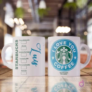 Taza blanca sublimada con diseño estilo Starbucks. Un lado muestra opciones de bebida y el nombre 'Luis' en azul brillante. El otro lado tiene un logo azul brillante de Starbucks con sirena y texto 'I Love You Coffee'.