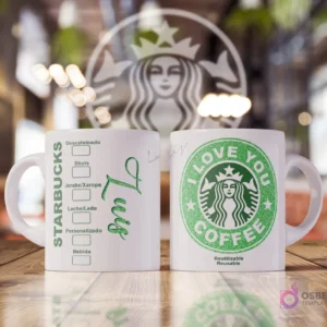 Taza blanca sublimada con diseño estilo Starbucks. Un lado muestra opciones de bebida y el nombre 'Luis' en verde brillante. El otro lado tiene un logo verde brillante de Starbucks con sirena y texto 'I Love You Coffee'.