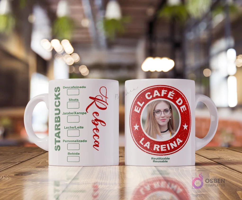 Taza blanca sublimada con diseño estilo Starbucks. Un lado muestra opciones de bebida y el nombre 'Rebeca' en rojo. El otro lado tiene un logo rojo de Starbucks con una imagen de mujer y texto 'El Café de la Reina'. Taza blanca sublimada con diseño estilo Starbucks. Un lado muestra opciones de bebida y el nombre 'Rebeca' en rojo. El otro lado tiene un logo rojo de Starbucks con una imagen de mujer y texto 'El Café de la Reina'.