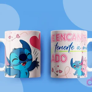 Diseño para taza con Stitch guiñando un ojo y Angel mirándolo, con la frase 