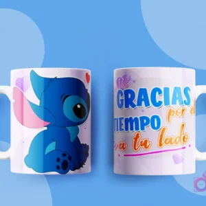 Taza con diseño de Stitch sentado, mirando a un lado, y la frase 