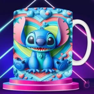 Taza sublimada con diseño 3D de Stitch feliz con fondo de corazón arcoíris y pequeños corazones.