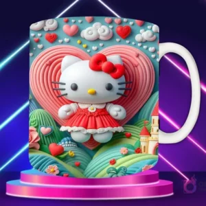 Taza sublimada con diseño 3D de Stitch feliz con un globo rojo, en un fondo de corazón con flores y pequeños corazones.