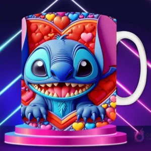 Taza sublimada con diseño 3D de Stitch sonriente, enmarcado en un corazón ornamental plateado con rosas y corazones en relieve.