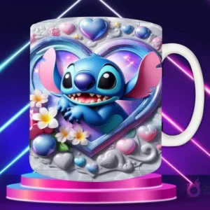 Taza sublimada con diseño 3D de Stitch sentado sonriendo, fondo de corazón rosa pastel con hojas y pequeños corazones en relieve.
