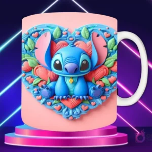 Taza sublimada con diseño 3D de Stitch sentado, rodeado de hojas y flores pastel, con un corazón azul claro de fondo.