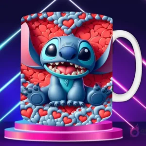 Taza sublimada con diseño 3D de Stitch sentado feliz, fondo de corazón blanco y rosa con muchos corazones en relieve.