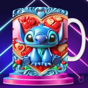 Taza sublimada con diseño 3D de Stitch sonriente, con un fondo de corazón azul y rosa, rodeado de flores y hojas en relieve.