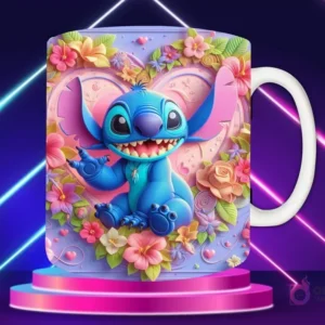 Taza sublimada con diseño 3D de Stitch sentado, sonriendo ampliamente, con fondo de corazón arcoíris y corazones pequeños en relieve.
