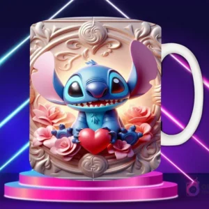 Taza sublimada con diseño 3D de Stitch feliz con un globo rojo, en un fondo de corazón con flores y pequeños corazones.