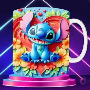 Taza sublimada con diseño 3D de Stitch sonriente, enmarcado en un corazón ornamental plateado con rosas y corazones en relieve.