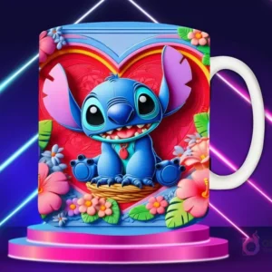 Taza sublimada con diseño 3D de Stitch sentado, rodeado de hojas y flores pastel, con un corazón azul claro de fondo.