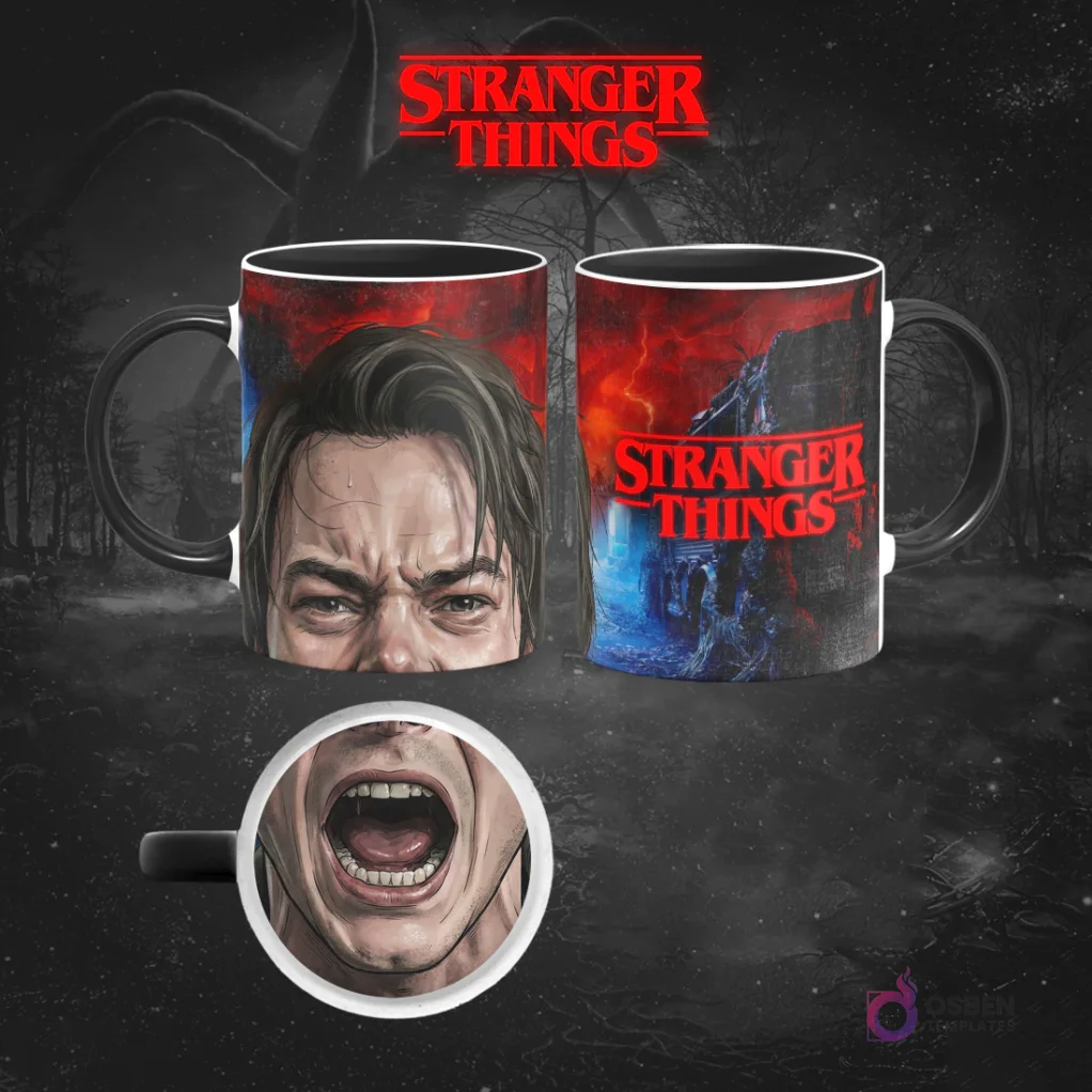 Taza sublimada de Stranger Things con Jonathan Byers, ceño fruncido y mirada determinada, reverso con el logo y escenas del Upside Down oscuro y rojizo. Taza sublimada de Stranger Things con Jonathan Byers, ceño fruncido y mirada determinada, reverso con el logo y escenas del Upside Down oscuro y rojizo.